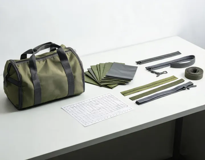 Sport duffel bags arranged with material swatches and dimension notes